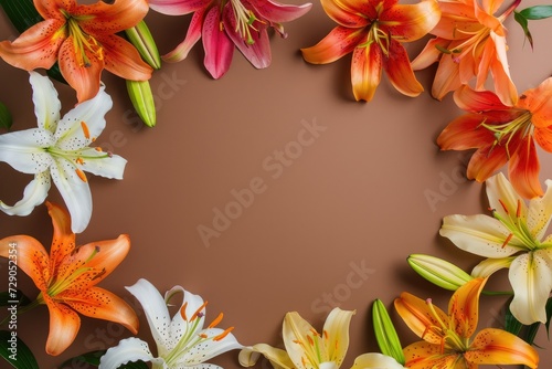 Frame made of lilies on a brown background  with space for text concept Mother Day  Women Day  Valentine day