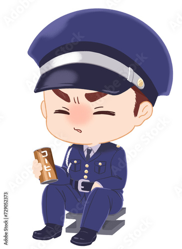 コンクリートブロックに座って休憩する警備員（帽子あり）
