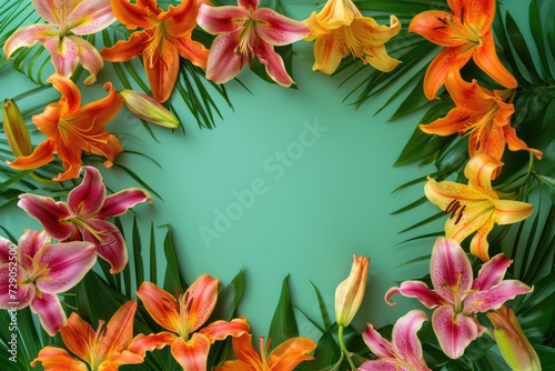 Wallpaper Mural Frame made of lilies on a green background, with space for text concept Mother Day, Women Day, Valentine day Torontodigital.ca