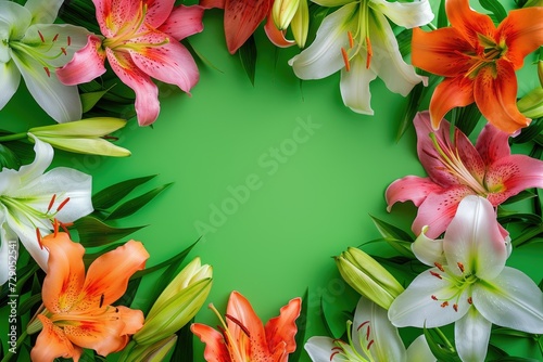 Frame made of lilies on a green background  with space for text concept Mother Day  Women Day  Valentine day