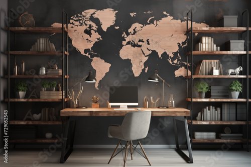Travel Blogger's Workspace with a world map mural, a desk and shelves displaying travel memorabilia  Illustration AI generated Image