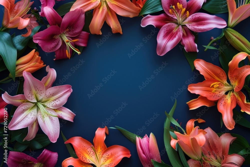 Frame made of lilies on a blue background, with space for text concept Mother Day, Women Day, Valentine day Frame made of lilies on a blue background, with space for text concept Mother Day, Women Day, Valentine day