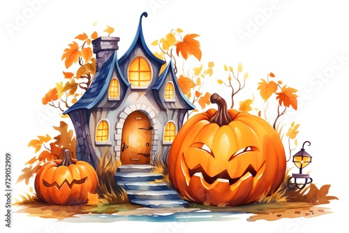 Halloween background with pumpkins and blue house. Watercolor illustration © hungryai