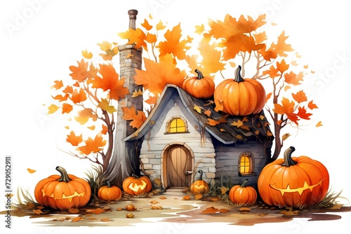 Watercolor illustration of a Halloween house with pumpkins and maple leaves.