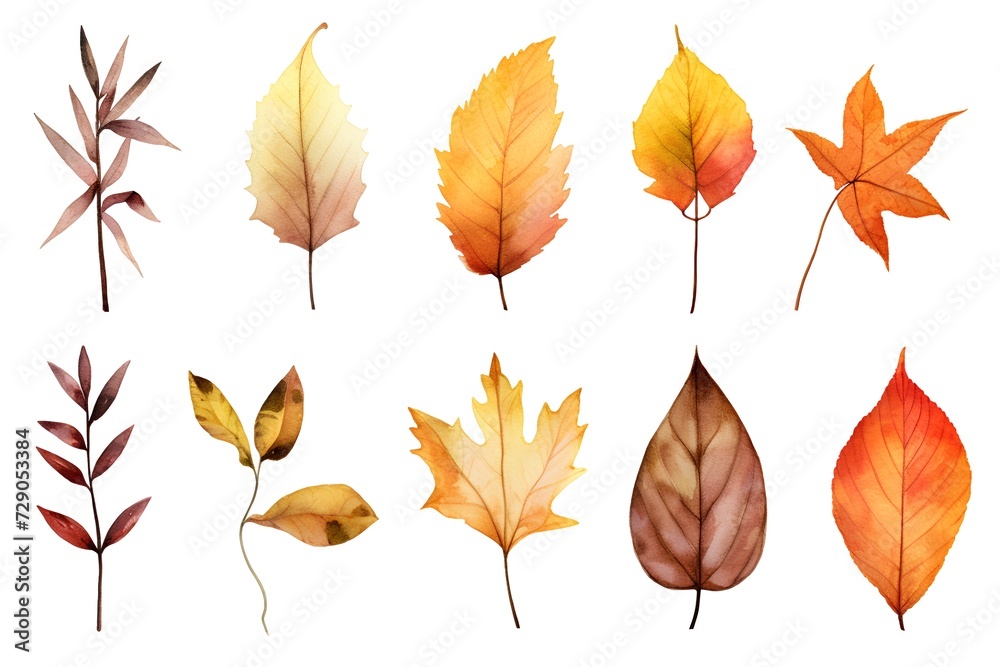 Fototapeta premium Watercolor autumn leaves set isolated on white background. Hand drawn illustration.