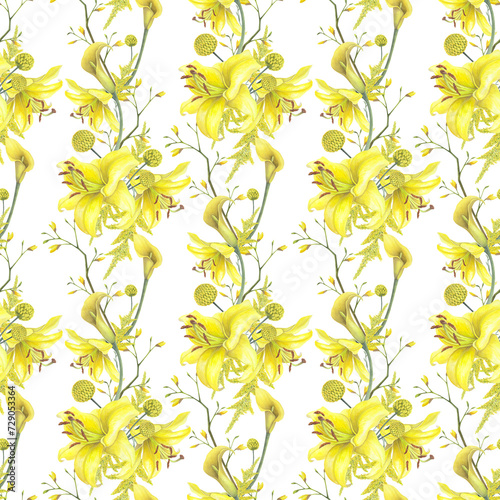 Lilies Yellow flower, calla lilies, craspedia seamless pattern isolated white background. Watercolor hand drawn botanic illustration. Art design wedding invitation, greeting card, decoration graphic