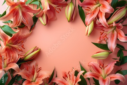 Frame made of lilies on a orange background  with space for text concept Mother Day  Women Day  Valentine day