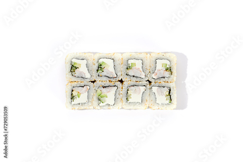 Sushi Roll with Shrimp and Cucumber, Sesame Seed Coating on White