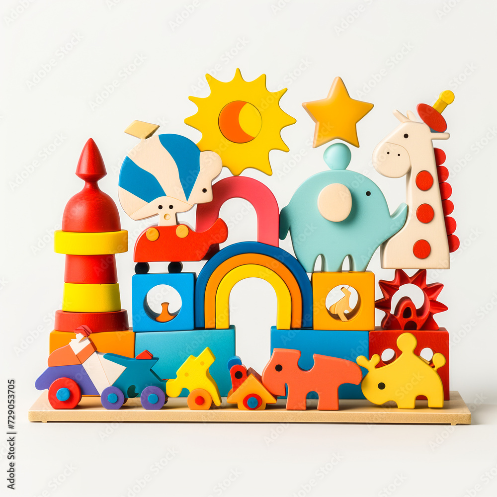 A diverse collection of a puzzle and educational toy against a bright and white-toned background