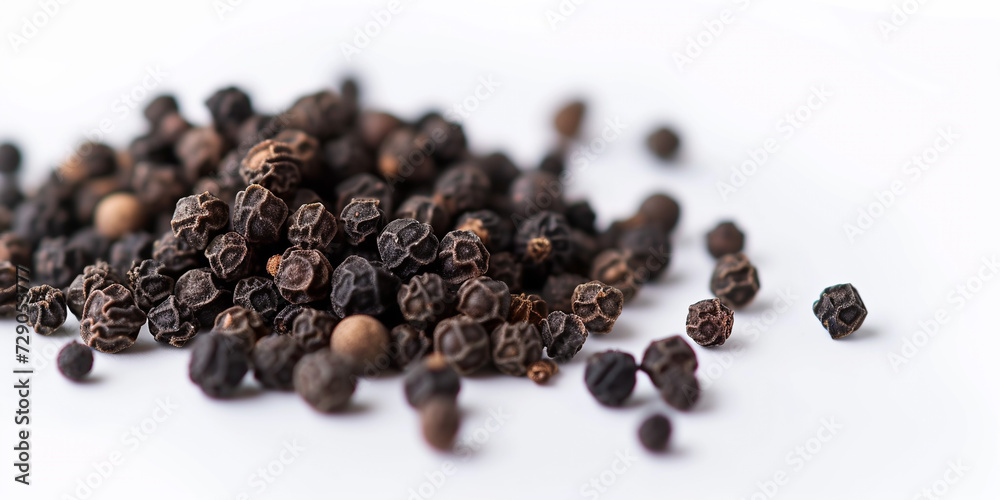 The Close-up Photo of Black Peppercorns with a Focus on Their Textured Surfaces, Scattered Across a White Background. This Photo Could be Used to Showcase Spices in Culinary Articles, etc. The Close-up Photo of Black Peppercorns with a Focus on Their Textured Surfaces, Scattered Across a White Background. This Photo Could be Used to Showcase Spices in Culinary Articles, etc.