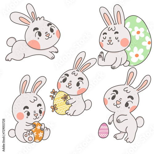 set of pink easter rabbit illustrations and egg