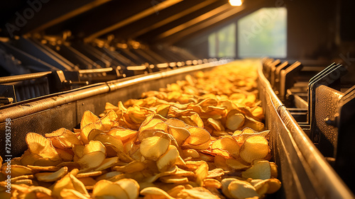 Lots of chips prepared on a conveyor at a food factory. Line for the production and packaging of potato chips. Special equipment of snacks producing facility. 
