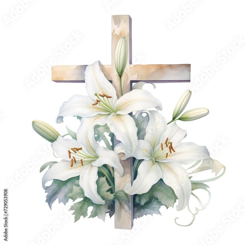 Easter cross with white lilies. Hand drawn watercolor illustration photo