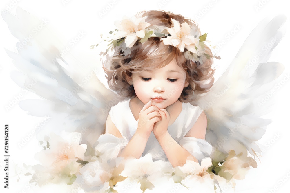 Cute little angel girl with white wings and flowers in her hair. Cute little angel girl with white wings and flowers in her hair.