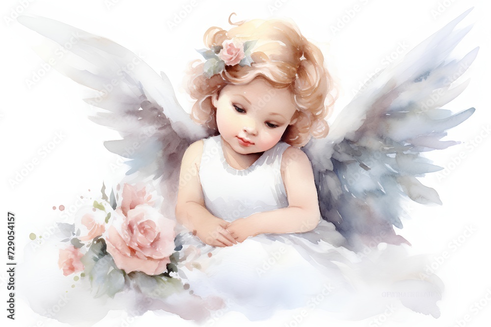 Cute baby angel with wings and flowers. Watercolor illustration. Cute baby angel with wings and flowers. Watercolor illustration.