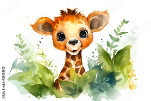 Cute cartoon giraffe with green leaves. Watercolor illustration. photo