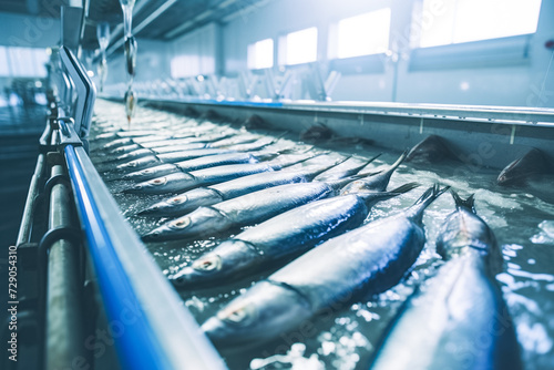 A conveyor belt in a fish processing factory with a line of fresh fish. 