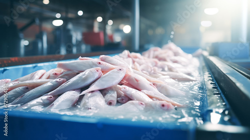 Raw sea fish on a factory conveyor. Production of canned fish. Modern food industry. Fish processing plant.