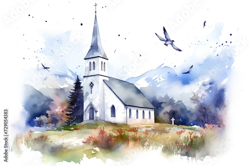 Watercolor hand drawn illustration of a church in the mountains with flying birds