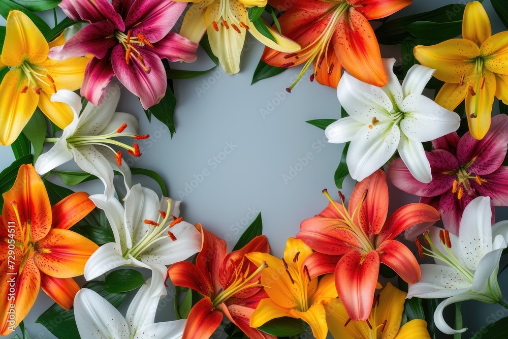 Frame made of lilies on a silver background, with space for text concept Mother Day, Women Day, Valentine day Frame made of lilies on a silver background, with space for text concept Mother Day, Women Day, Valentine day