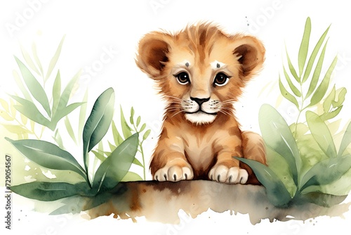 Watercolor lion cub in the grass. Hand drawn illustration for your design