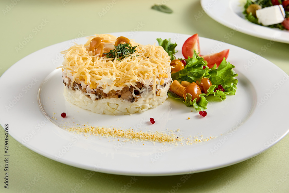 Close-Up of Layered Forest Glade Salad with Cheese, Potatoes, and Mushrooms Close-Up of Layered Forest Glade Salad with Cheese, Potatoes, and Mushrooms