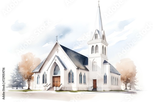 Watercolor illustration of a church in the village. Catholic church. photo