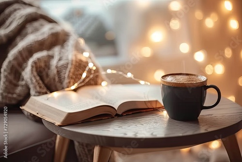 Christmas scene with cup of coffee and open book on table complemented by snug blanket on chair near window with festive lights intimate home setting captures essence of relaxing winter evening photo