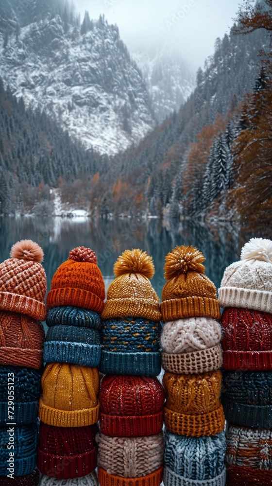 A breathtaking shot of a winter hat display, featuring a variety of textures and colors, set against a snowy mountain landscape.