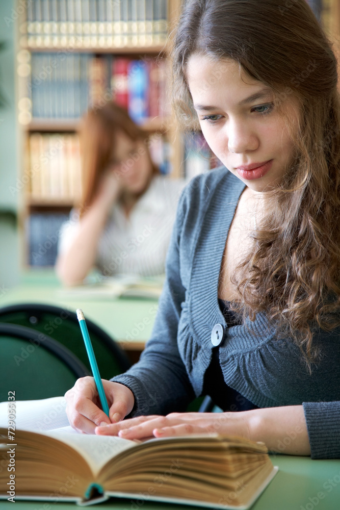schoolgirl in library