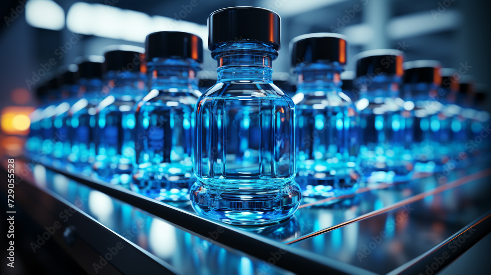 Medical vials on production line at pharmaceutical factory, Pharmaceutical machine working pharmaceutical glass bottles production line. Medical vials on production line at pharmaceutical factory, Pharmaceutical machine working pharmaceutical glass bottles production line.