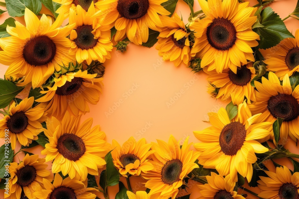 Frame made of beautiful sunflowers on peach background, with space for text concept of Mother Day, Women Day Frame made of beautiful sunflowers on peach background, with space for text concept of Mother Day, Women Day