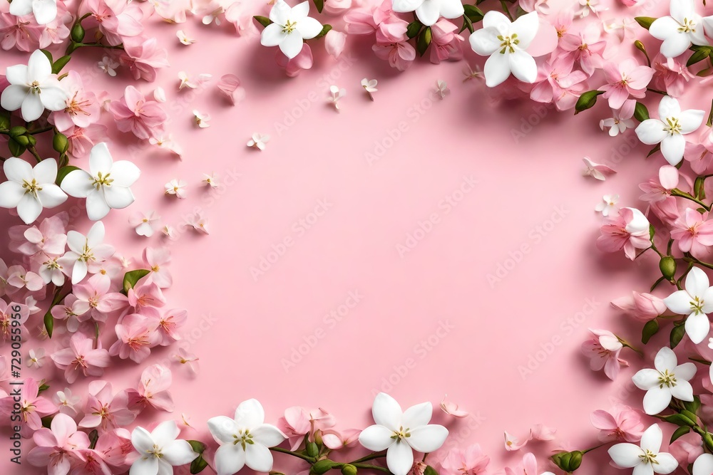  pink background with text copy space in middle with small white branch of the flower at the one side of the corner backgroun view  