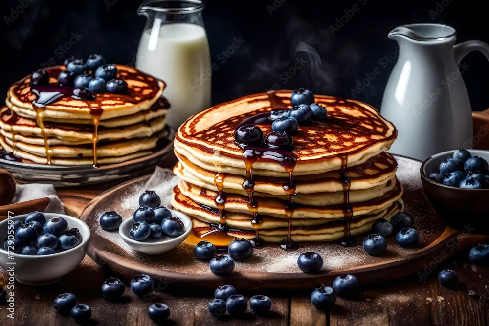 A stack of fluffy blueberry pancakes topped with maple syrup.