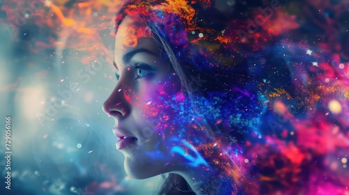Beautiful fantasy abstract portrait of a beautiful woman double exposure with a colorful digital paint splash or space nebula © Sania