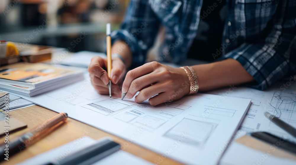 A designer's hands engaged in the intricate task of sketching and drawing packaging designs on paper A designer's hands engaged in the intricate task of sketching and drawing packaging designs on paper