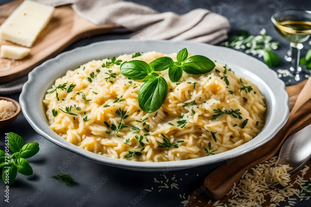 A bowl of creamy risotto topped with vivid herbs and parmesan shavings. 