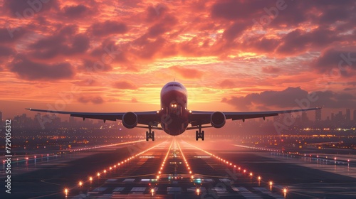 airplane landing at sunset in the airport