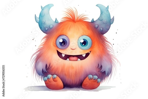 cartoon monster with horns on a white background. watercolor illustration
