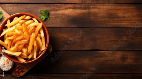 French fries in bowl on wooden table. Top view with copy space