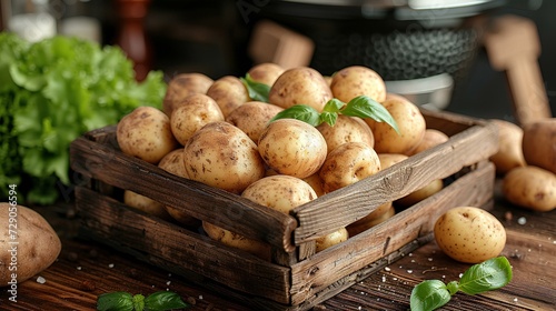 photo of a wooden basket filled with fresh potatoes on a wooden table with a kitchen and grill in the background