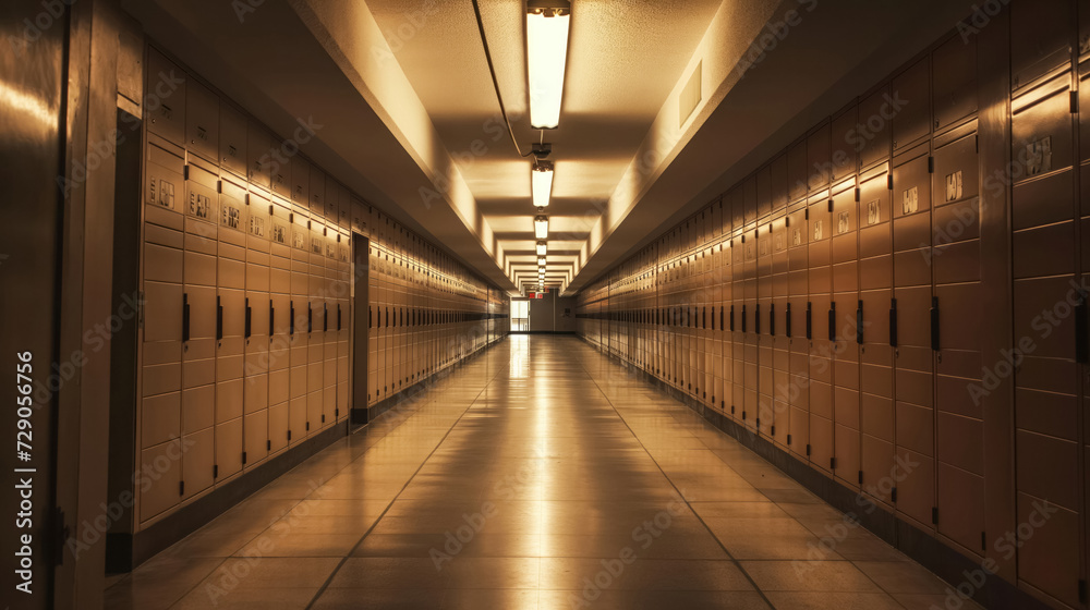 Empty corridor with rows of lockers and warm lighting.