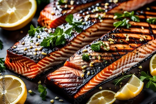 A close-up image of a properly grilled salmon fillet with lemon wedges.