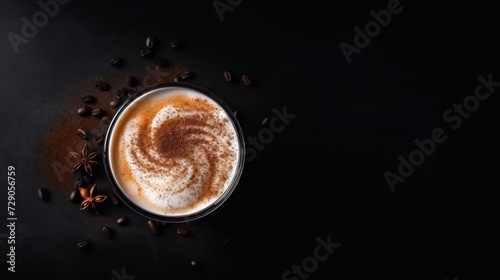 Glass of latte, accentuated with cinnamon, contrasts beautifully against a dark backdrop.