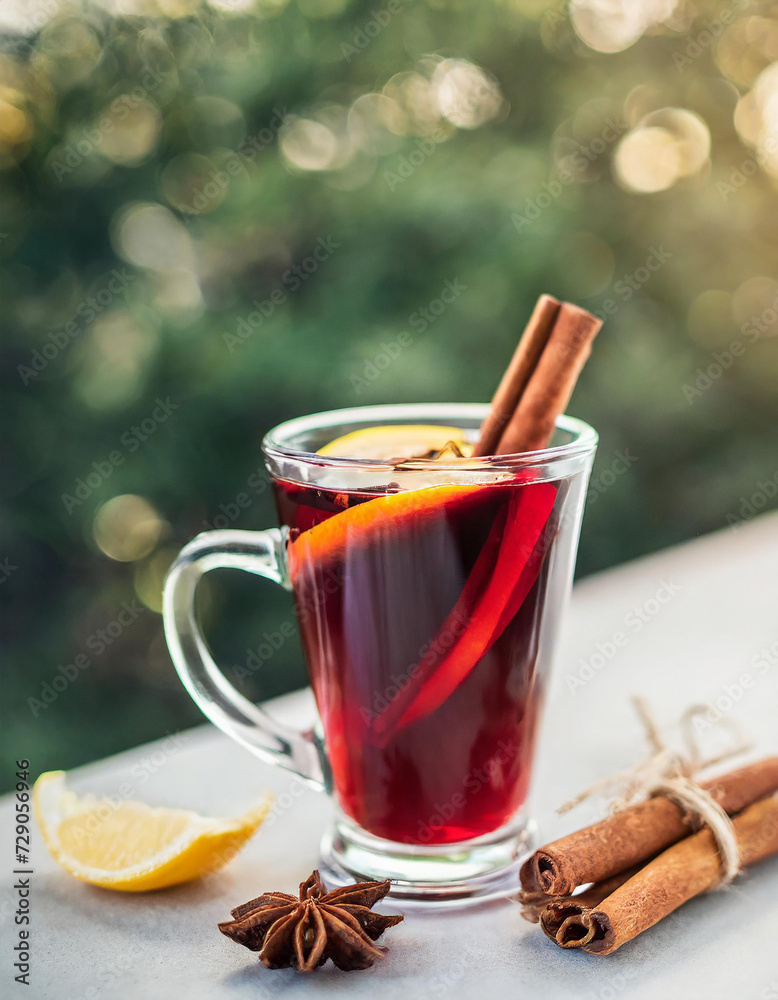 Mulled red wine with cinnamon, orange and spices with bokeh background Mulled red wine with cinnamon, orange and spices with bokeh background