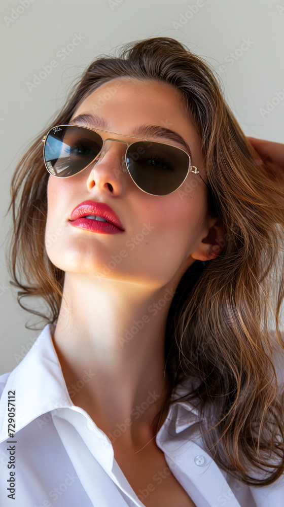 A model showcasing classic aviator sunglasses A model showcasing classic aviator sunglasses