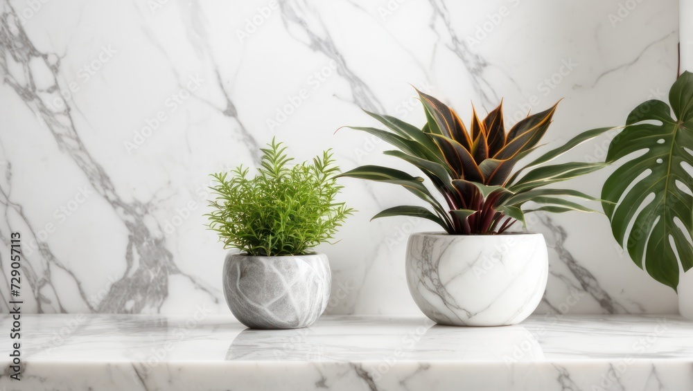 Vase and plants on white marble table and background Vase and plants on white marble table and background