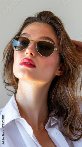 A model showcasing classic aviator sunglasses