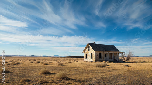 Abandoned farmhouse under a vast blue sky with clouds.