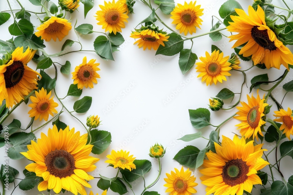 Frame made of beautiful sunflowers on white background, with space for text